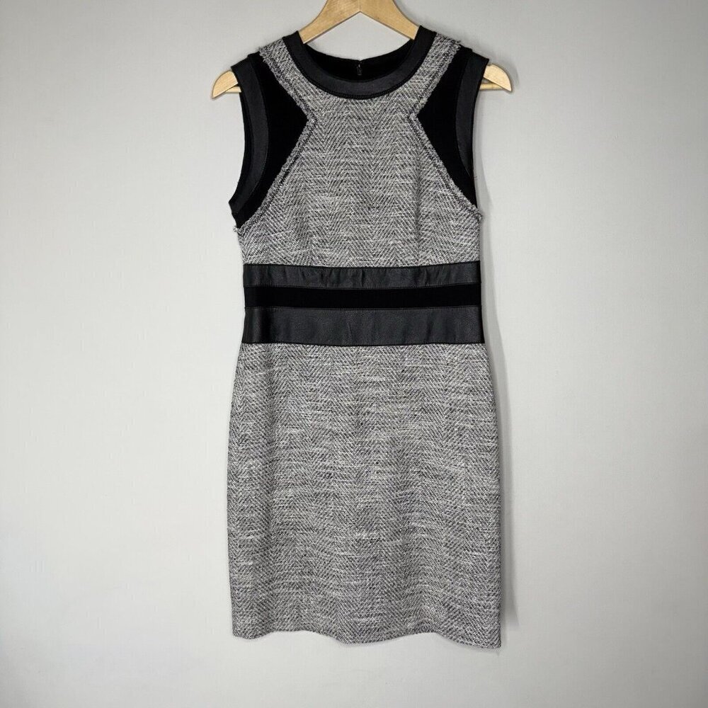Rebecca Taylor Sheath Pencil Dress Size Large Tweed Faux Leather Midi Above Knee